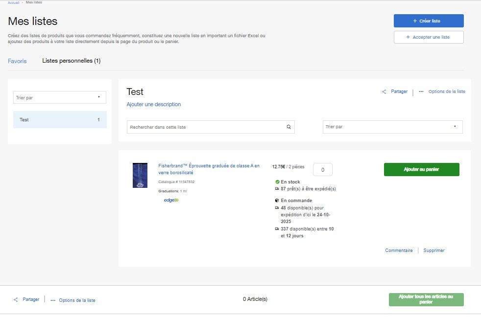 My Lists page on Fisher Scientific's website for creating and managing product lists. Includes tabs for favorites, personal lists, and company lists. Options to add descriptions, search, sort, share, and manage lists. Buttons for adding to cart or subscription.
