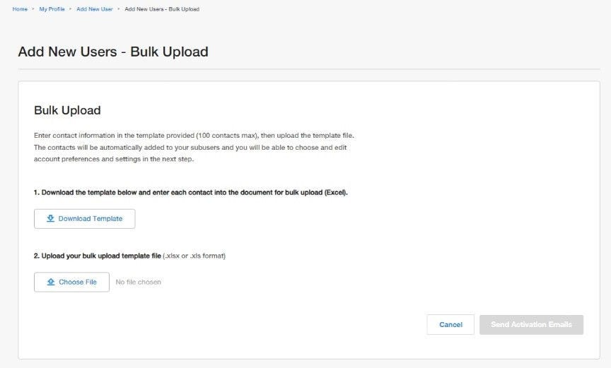 Screenshot of the 'Add New Users - Bulk Upload' page on Fisher Scientific's website. The page provides instructions for bulk uploading user contact information. It includes two main steps: 1. Download the template and enter contact information into the document for bulk upload (Excel), with a button labeled 'Download Template'. 2. Upload the bulk upload template file (.xlsx or .xls format), with a button labeled 'Choose File' and a placeholder indicating no file chosen. At the bottom, there are two buttons labeled 'Cancel' and 'Send Activation Emails' (disabled). The page header includes navigation links such as 'Home', 'My Profile', and 'Add New Users - Bulk Upload'.