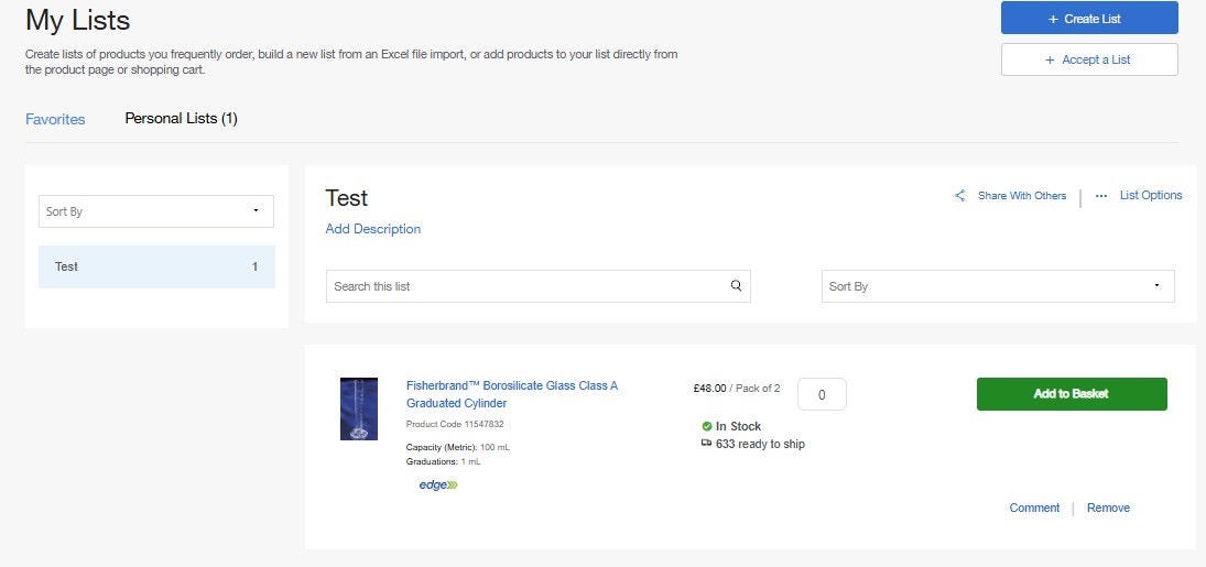 My Lists page on Fisher Scientific's website for creating and managing product lists. Includes tabs for favorites, personal lists, and company lists. Options to add descriptions, search, sort, share, and manage lists. Buttons for adding to cart or subscription.