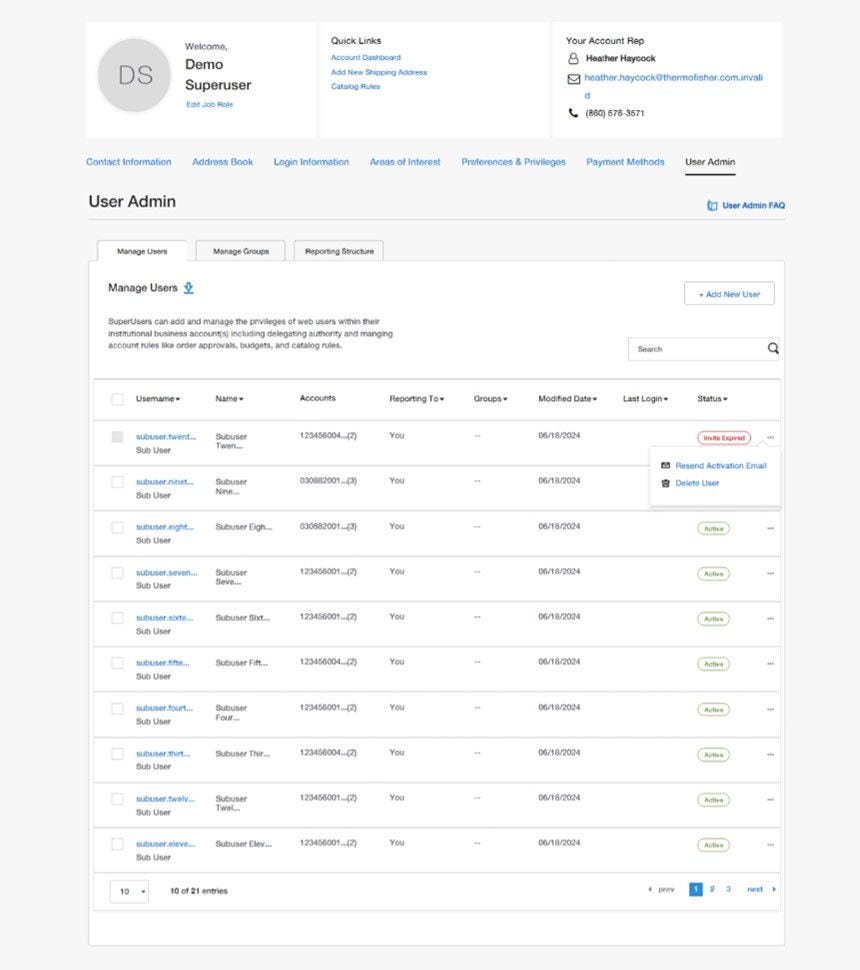 Screenshot of the 'User Admin' page on Fisher Scientific's website. The top section displays user information with a profile picture, welcome message to Demo Superuser, and options to edit job role. Quick links include 'Account Dashboard', 'Add New Shipping Address', and 'Catalog Rules'.Below, tabs for 'Contact Information', 'Address Book', 'Login Information', 'Areas of Interest', 'Preferences & Privileges', 'Payment Methods', and 'User Admin' are displayed. The main content focuses on managing users with options to manage users, manage groups, and reporting structure. A button labeled '+ Add New User' is present. The 'Manage Users' section includes a table with columns for username, name, accounts, reporting to, groups, modified date, last login, and status. Example users include 'subuser.twenty', 'subuser.nineteen', and 'subuser.eighteen' with respective details. Statuses include 'Active' and 'Invite Expired', with options to resend activation email or delete user.