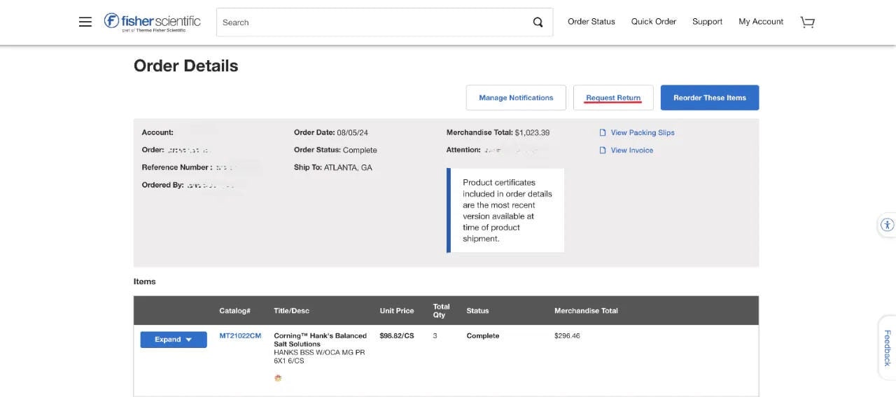 Order Details page on Fisher Scientific's website with order information and options to manage notifications, request a return, and reorder items. Includes a table with item details.