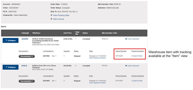 Order Details page on Fisher Scientific's website with order and item information. Includes links to view packing slips and invoice. Note mentions tracking available at the 'Item' view.