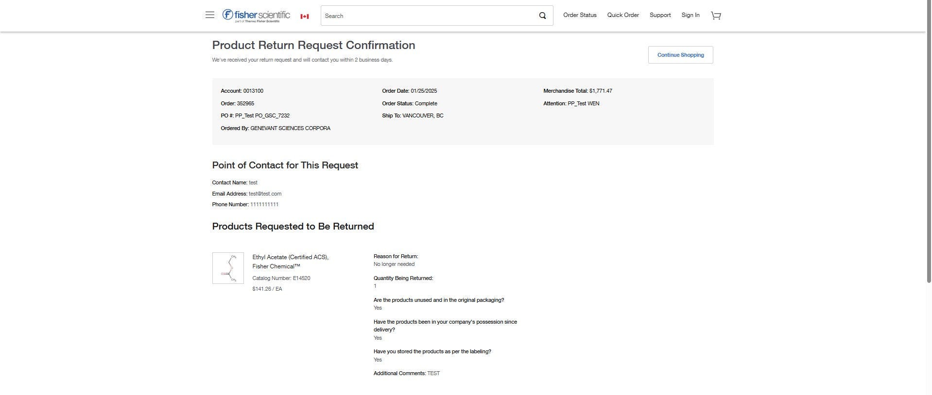 Product Return Request Confirmation page on Fisher Scientific's website confirming the return request. Includes order information, contact details, and product return details. 'Continue Shopping' button is present.