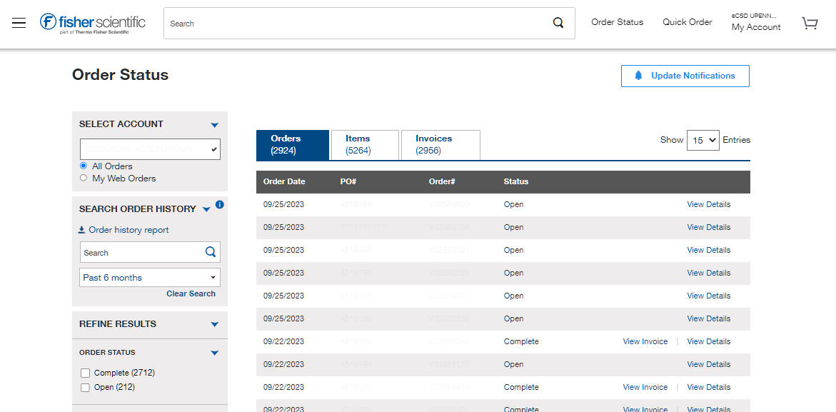 Order Status page on Fisher Scientific's website with options for searching, viewing orders, and filtering results. Main content displays a table with order details and statuses.