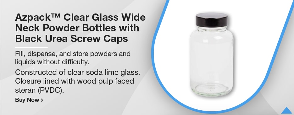 Azpack™ Clear Glass Wide Neck Powder Bottles with Black Urea Screw Caps